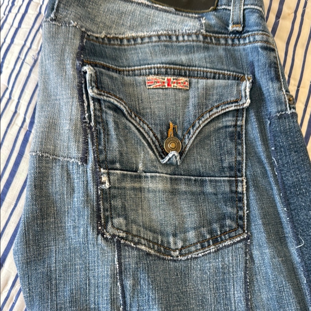 Blue patched Hudson Jeans with handmade patches. One of a kind size 31